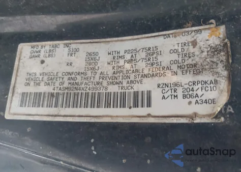 1999 Toyota Tacoma Prerunner from USA, damaged, VIN 4TASM92N4XZ499378